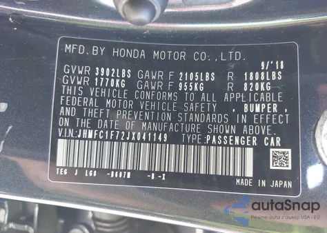 2018 Honda Civic Ex-L from USA, damaged, VIN JHMFC1F72JX041149